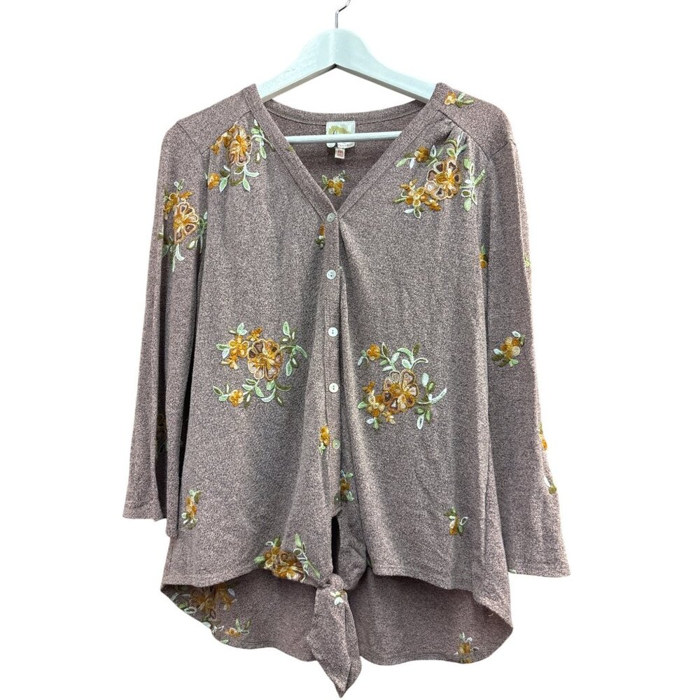 Anthropologie Fig & Flower Medium Knit top Embroidered Heathered Green Waist Tie